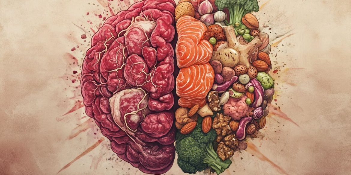 This shows a brain made up of foods.