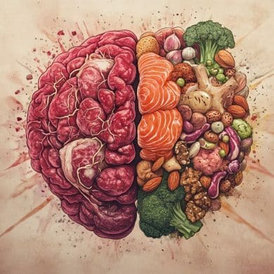 This shows a brain made up of foods.