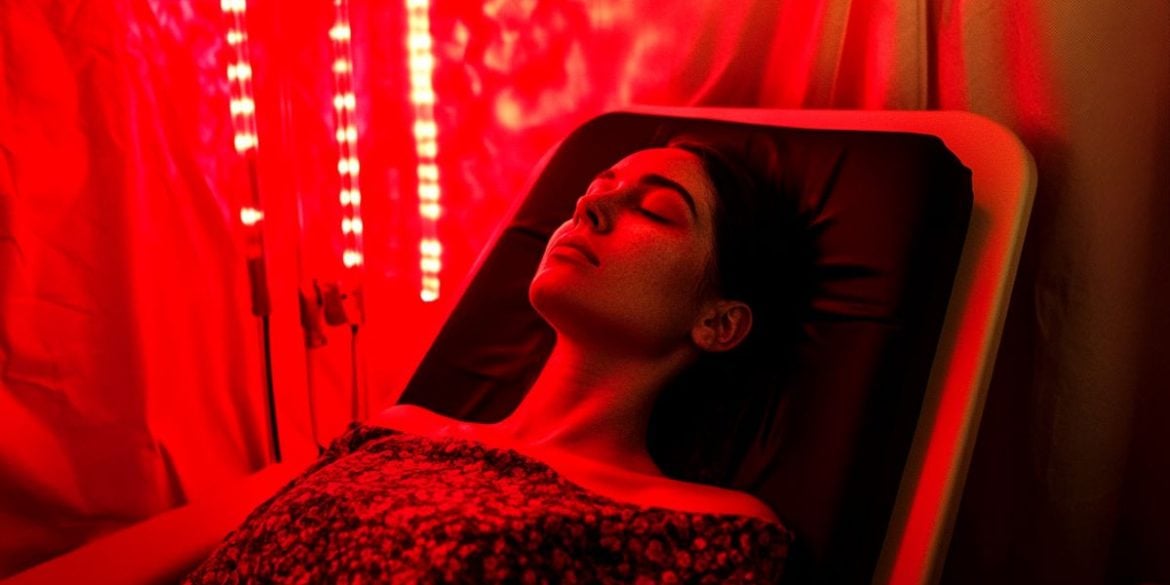 This shows a woman laying under a red light.