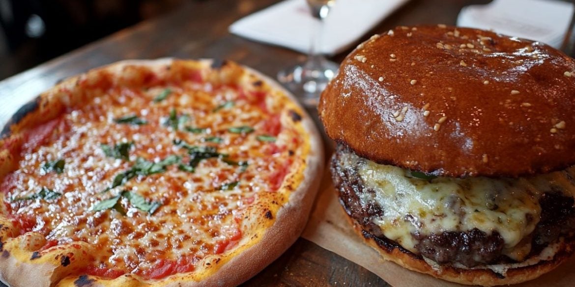 This shows a burger and pizza.