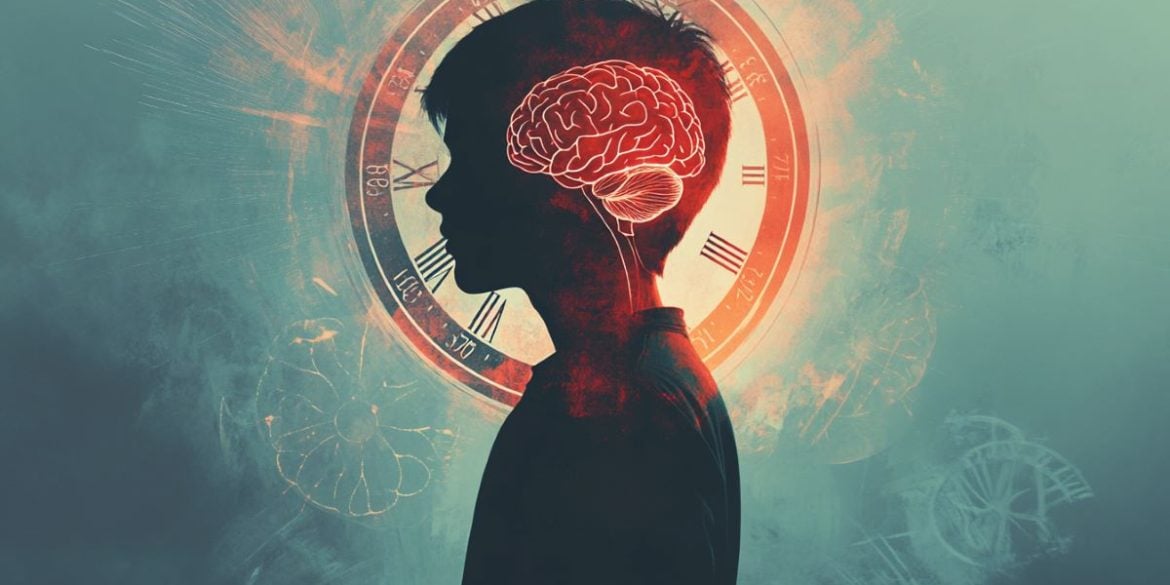 This shows the outline of a teen, a clock and a brain.