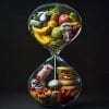 This shows an hour glass with healthy and unhealthy foods.