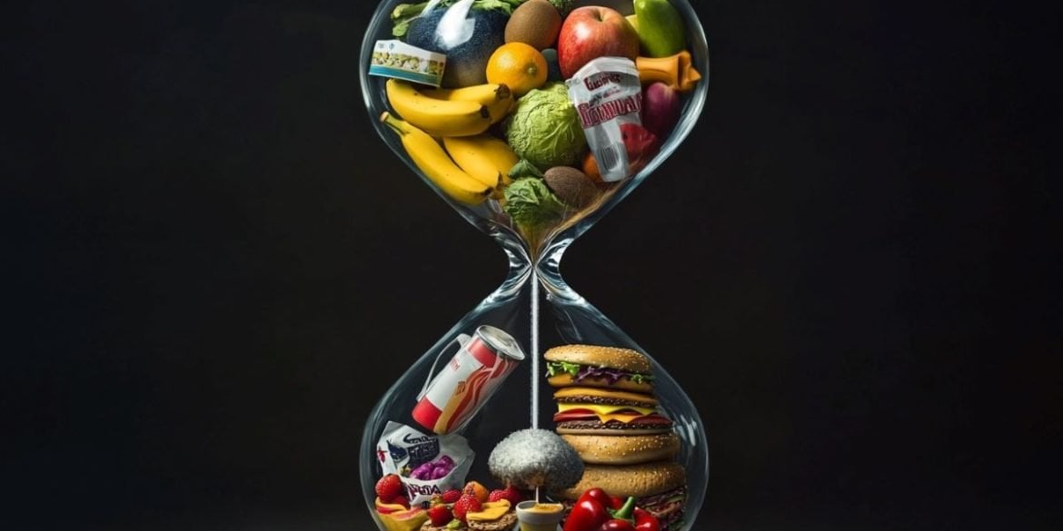 This shows an hour glass with healthy and unhealthy foods.