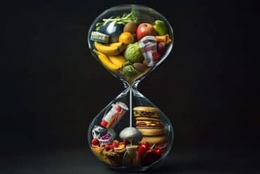 This shows an hour glass with healthy and unhealthy foods.