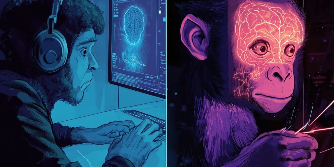 This shows a man at a computer and a marmoset.