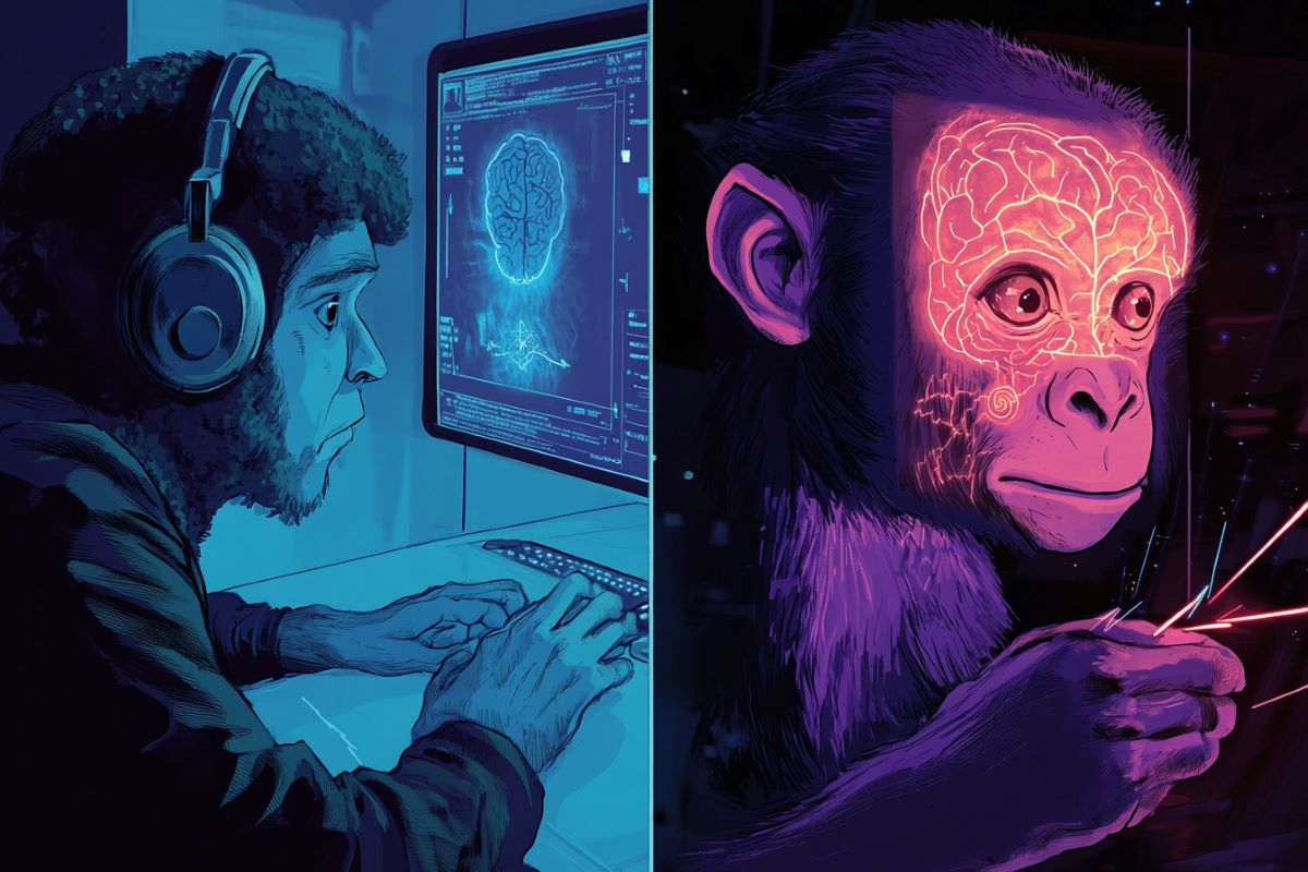 This shows a man at a computer and a marmoset.