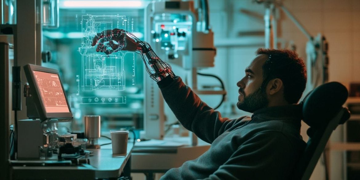 This shows a man and a robotic hand.