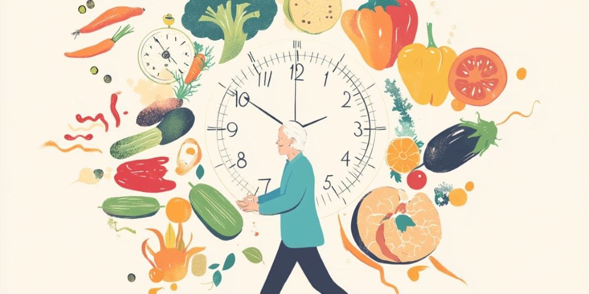 This shows an older woman, a clock and fresh foods.