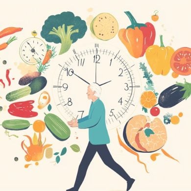 This shows an older woman, a clock and fresh foods.