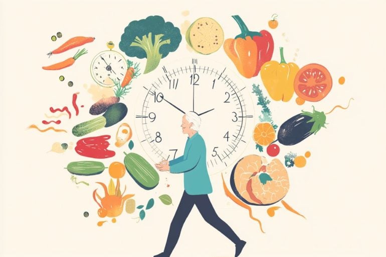 This shows an older woman, a clock and fresh foods.