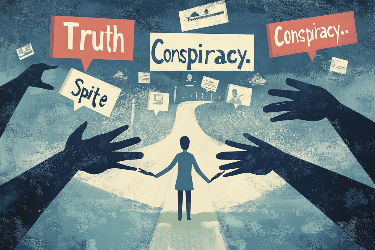 This shows a person at a crossroads with signs saying "truth", "conspiracy", and "spite".