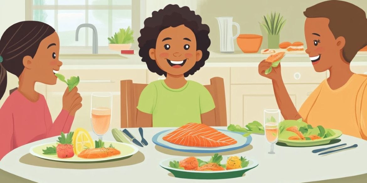 This shows a family eating salmon.