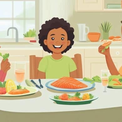 This shows a family eating salmon.