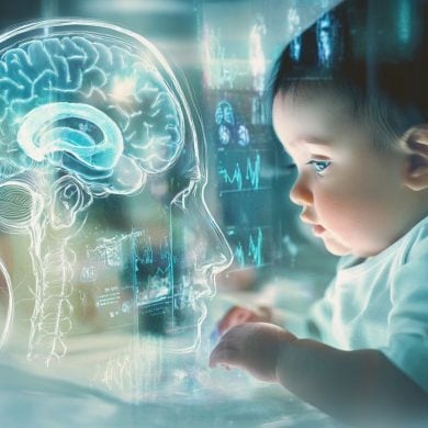 This shows a baby and a brain scan.