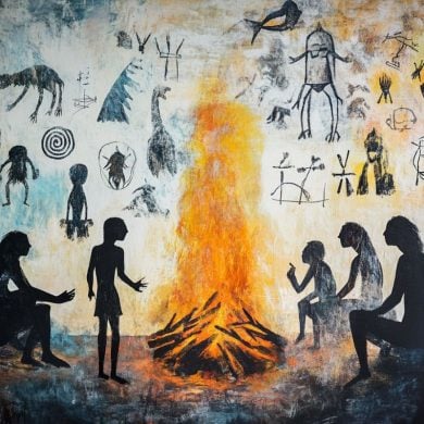 This shows people around a campfire talking.