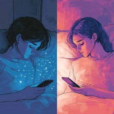 This shows two people awake at night on their phones.