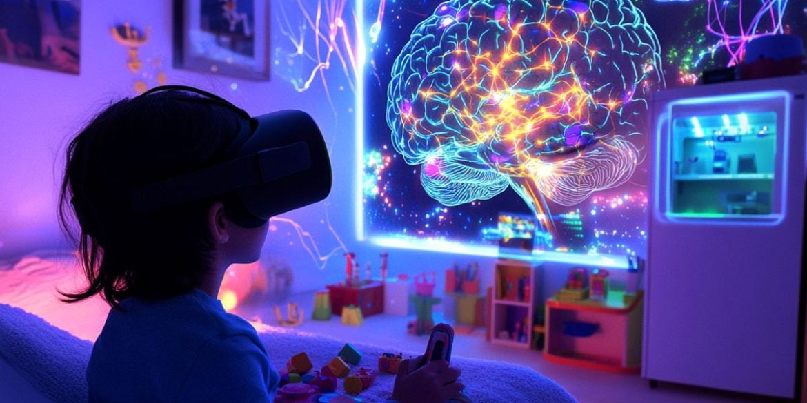 This shows a child in a VR headset and a brain.