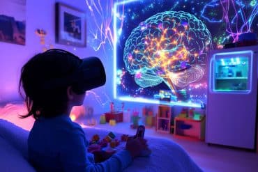 This shows a child in a VR headset and a brain.