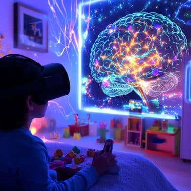 This shows a child in a VR headset and a brain.