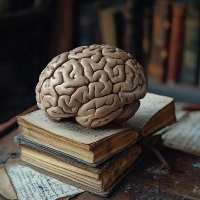 This shows a brain on books.