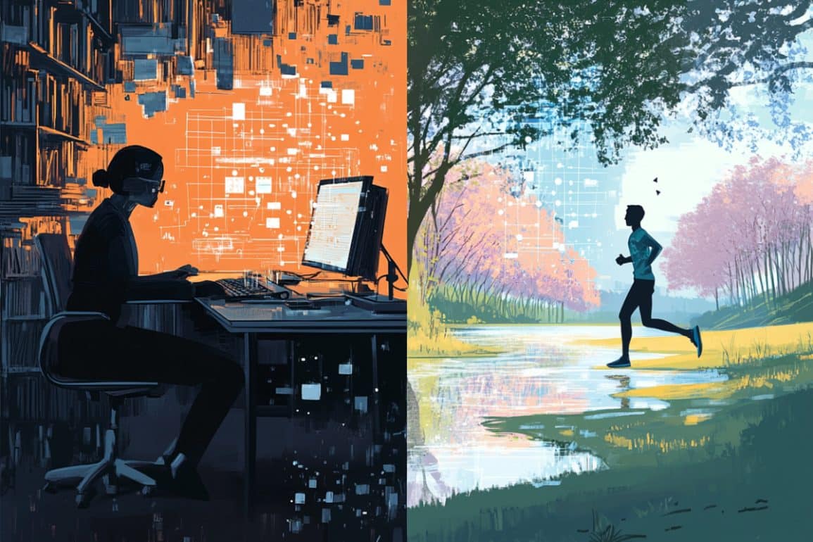 This shows a person at a desk and a person running.