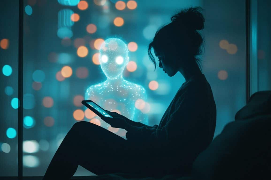 This shows a woman on a tablet and an AI face.