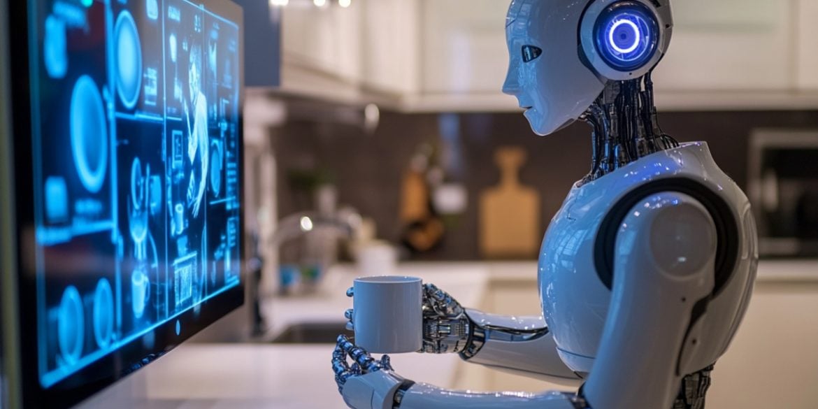 This shows a robot holding a cup and watching a video.