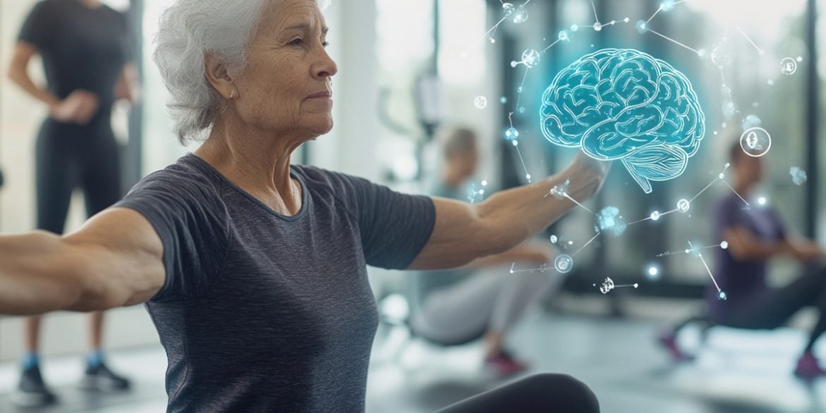 This shows an older lady exercising and a brain.