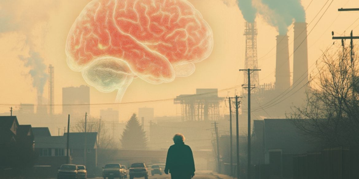 This shows the outline of a person, a brain and smoke stacks.