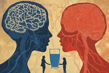 This shows two heads, brains and a glass.