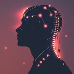 This illustration shows a head and glowing lights down the spine.