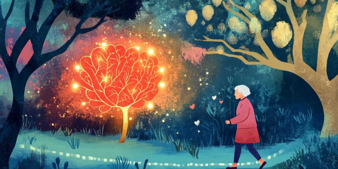 This shows an older lady walking in a park.