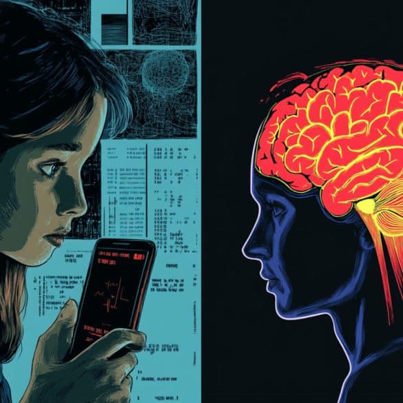 This shows a brain and a girl holding a phone.