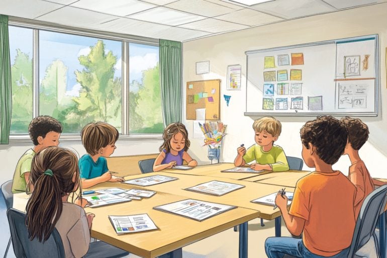 This shows kids in a classroom.