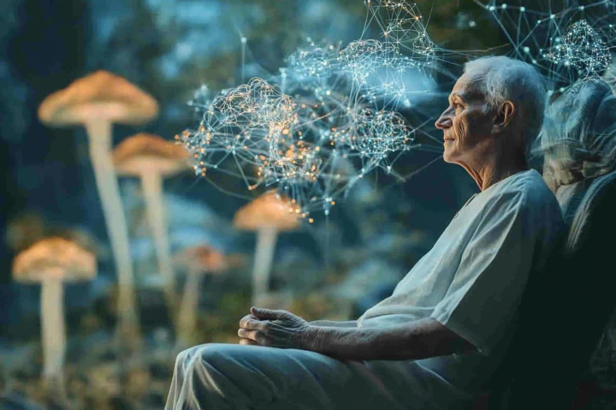 This shows a person sitting and mushrooms.