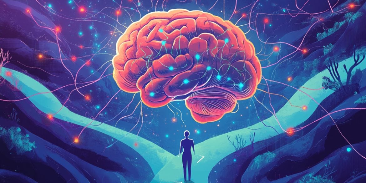 This shows a brain and a person at a cross roads.