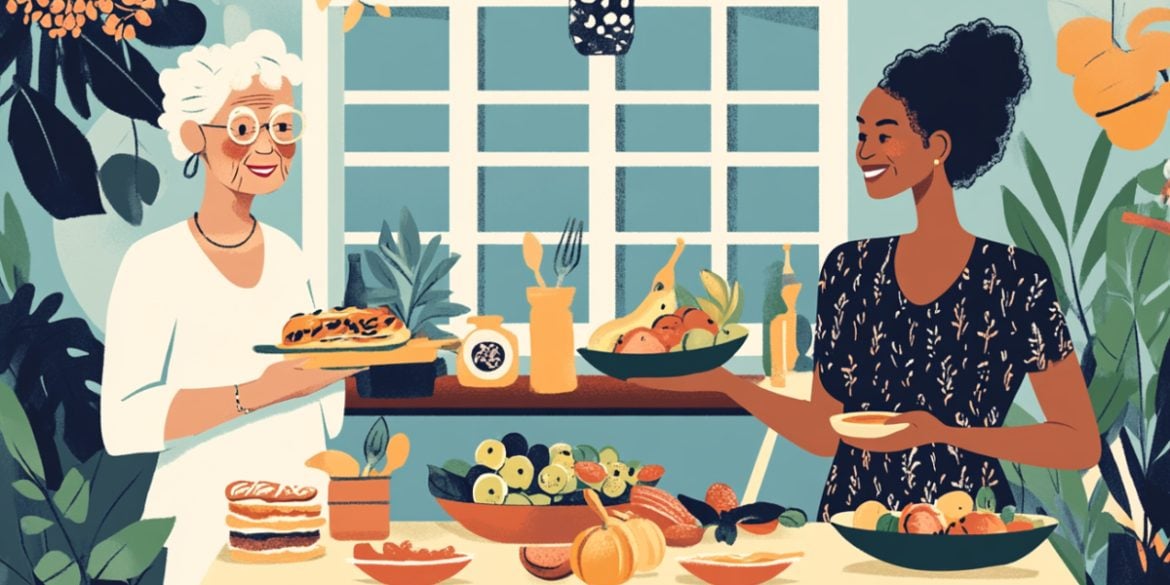 This shows two women eating lunch.