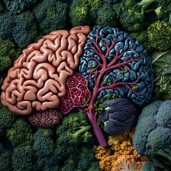 This shows a brain surrounded by vitamin K rich foods.