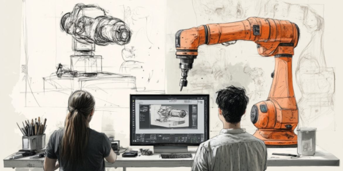 This shows people using AI to design a robot.