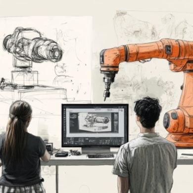 This shows people using AI to design a robot.