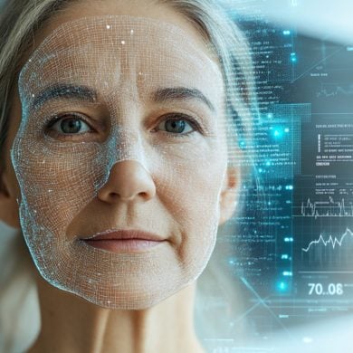 This shows a woman's face with a digital overlay.