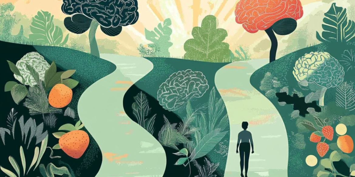 This shows people on a path and brains.