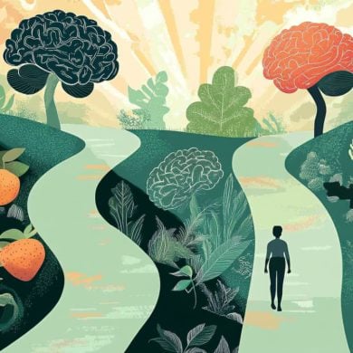 This shows people on a path and brains.