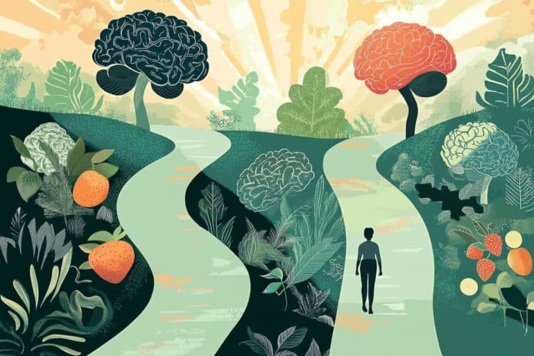 This shows people on a path and brains.