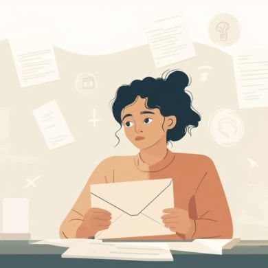This shows a woman holding an envelope.