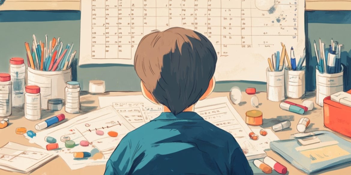 This shows a child, a calendar and pill bottles.