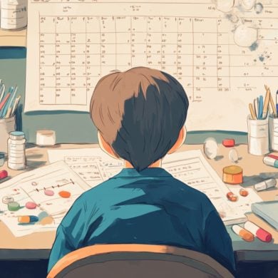 This shows a child, a calendar and pill bottles.