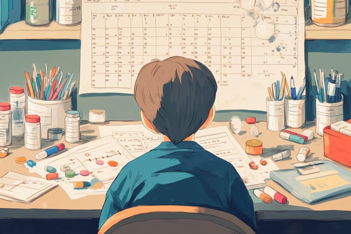 This shows a child, a calendar and pill bottles.