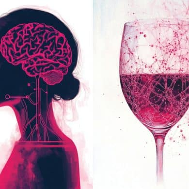 This shows a woman and a glass of wine.