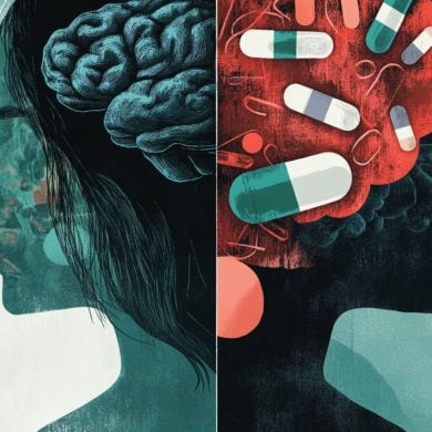 This shows two heads and pills.